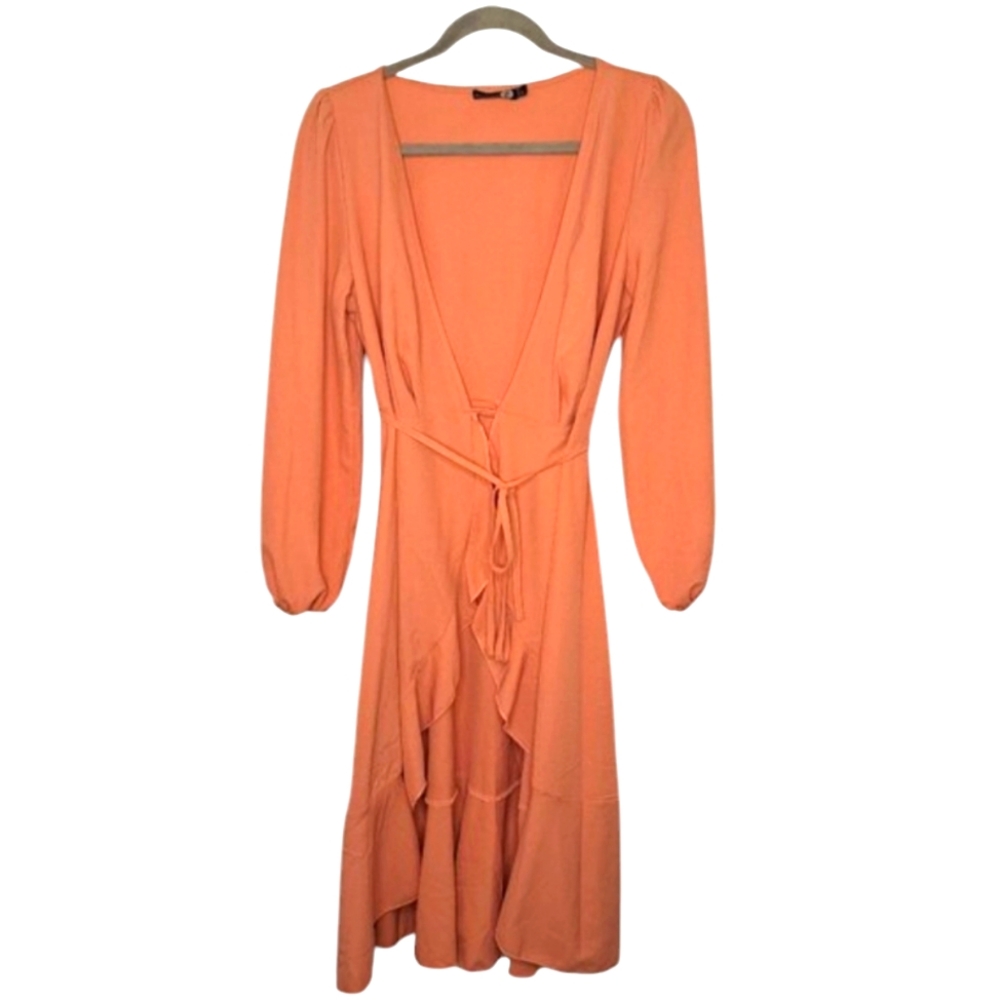 BooHoo Pink Long Sleeved Ruffle Wrap Dress Size 4